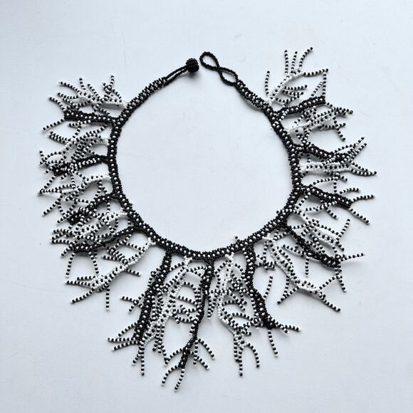 VTG Handmade Seed Bead Coral Fringe Statement Necklace Black White Boho Artwear - Picture 2 of 9
